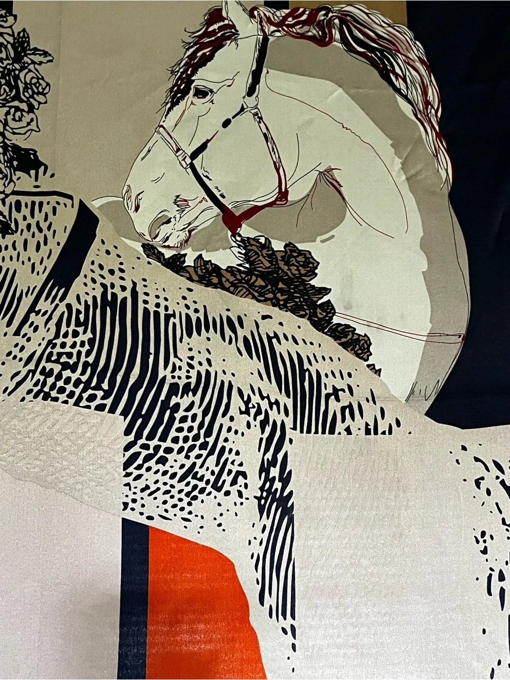 Equestrian Silk Scarf Print - Beige, Orange & Black